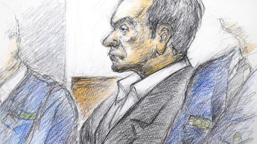 This courtroom sketch depicts former Nissan chairman Carlos Ghosn in a courtroom at the Tokyo District Court in Tokyo Tuesday, January 8, 2019. Ghosn appeared in court on Tuesday and asserted his innocence while demanding the reason for his prolonged detention.