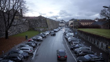 A huge gathering of electric cars parked in the street Kongens gate near Akershus festning in Oslo, Norway, on Monday, Nov 21, 2016.