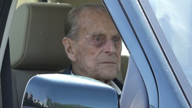Prince Philip, Duke of Endinburgh, sits in his car at the third day of the Royal Windsor Horse Show on May 11, 2018 in Windsor, England.