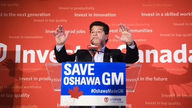 Unifor National President Jerry Dias speaks during press conference asking for all Canadians and Americans to boycott all General Motors vehicles that are made in Mexico due to the recent news about the Oshawa General Motors plant closure in Toronto on Friday, January 25, 2019.