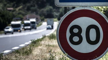 In this file photo, a road sign in France indicates a speed limit of 80 km/h on the National Road 7 (N7) near Crozes-Hermitage. By 2022, all vehicles sold in Europe may come with mandatory speed limiters.