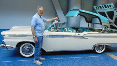 Alec Pont displays his 1959 Ford Skyliner retractable convertible at the Vancouver International Auto Show.