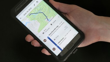 In this Aug. 8, 2018, file photo, a mobile phone displays a user's travels using Google Maps in New York.