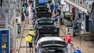 This file photo taken on March 1, 2019 shows an overview of a production line at German car maker Volkswagen's headquarters in Wolfsburg, northern Germany.