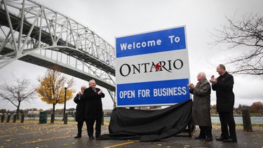 Ontario premier Doug Ford at the unveiling of a new border crossing sign labeled "Open for Business" in November 2018.