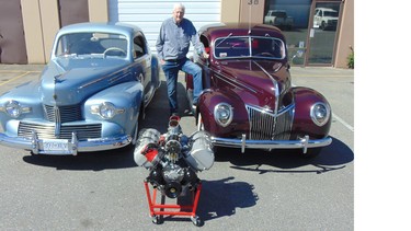 Jim McNeney with his two rare coupes—a 1942 Lincoln Zephyr and a 1939 Ford—and the Ford V8 engine equipped with the Ardun overhead valve conversion kit he plans to install in the Ford.