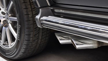 To maintain the departure angle of the Mercedes AMG 63 G Wagon, the twin exhaust exists just aft of the rear wheels instead of out back.