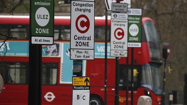 A London bus enters the new Ultra Low Emission Zone that has come into force Monday, in London, Monday, April 8, 2019, one of the world's first emission charge for cars.