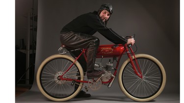 Pierre Robberecht of Calgary built this power-bicycle in homage to turn-of-the-century motorcycles. The machine will be on display, together with 37 other locally built motorcycles, during Ill-Fated Kustoms’ Kickstart event on May 4 and 5 at the Christine Klassen Art Gallery.
