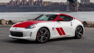 The exterior of the 370Z 50th Anniversary Edition mimics the livery of the original BRE race car and is available in two different paint schemes: white with red accents, or silver with black accents.