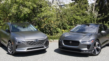 Two similar but different new electric vehicles that represent two probable, and competing, futures of zero-emission motoring, the Hyundai Nexo, left, and the Jaguar I-Pace.