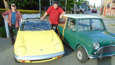 Ted Wilkinson and John Hilton with their restored classic cars, respectively, a 1967 Lotus Elan SE, left, and a 1965 Austin Mini Countryman.