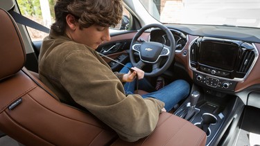 Chevrolet’s industry-first Buckle to Drive feature is available when the vehicle is in Teen Driver mode. If the vehicle is on and the driver’s seat belt is not buckled, the feature is designed to not allow the driver to shift out of park for up to 20 seconds. When the brake pedal is pressed, the driver will hear an audible alert and see a message in the driver information center that reads “Buckle seat belt to shift.” (Photo by John F. Martin for Chevrolet)