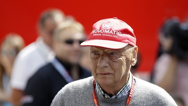 In this July 7, 2018, file photo, former Formula One World Champion Niki Lauda of Austria walks in the paddock before the third free practice at the Silverstone racetrack, Silverstone, England.