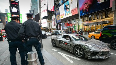 Chevrolet announces the next generation Corvette will debut 07.18.19. A camouflaged next generation Corvette travels down 7th Avenue near Times Square Thursday, April 11, 2019 in New York, New York. (Photo by Jennifer Altman for Chevrolet)