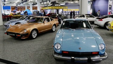 Through the later part of the 1970s the 280Z would grow large impact bumpers as seen on the blue car. The 280 was replaced by the 280ZX shown in brown.