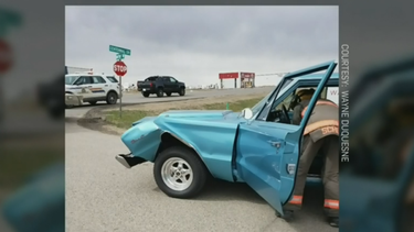A classic Plymouth involved in a rear-end collision in Saskatchewan, caused by the 69-year-old driver's collapse.