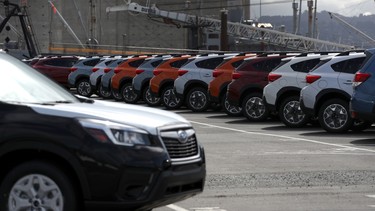 Brand-new Subaru cars sit in a lot at Auto Warehousing Company near the Port of Richmond on May 17, 2019 in Richmond, California.