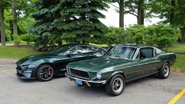 2019 Ford Mustang Bullitt alongside its predecessor