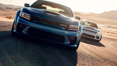 2020 Dodge Charger SRT Hellcat Widebody (front) and 2020 Dodge Charger Scat Pack Widebody (rear)