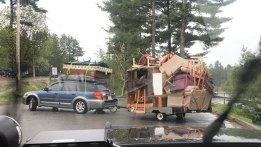 A Subaru with an improperly loaded trailer in Huntsville, Ontario