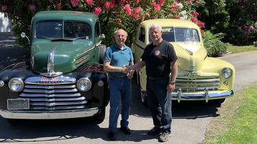 Allen Garr about to swap his 1947 Mercury pickup for the 1947 Ford coupe bought in Idaho by columnist Alyn Edwards.