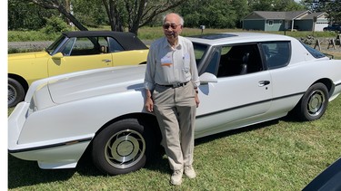 Ninety one year-old Pete Yuen with his silver anniversary 1988 Avanti at Bell Studebaker Museum Avanti Appreciation Day event.