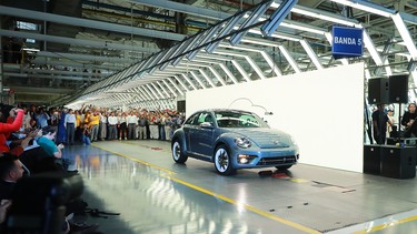Volkswagen's last Beetle produced is seen during a ceremony to announce the cease of the production of the VW Beetle after 21 years in the market, at Volkswagen Plant on July 10, 2019 in Cuautlancingo, Mexico.