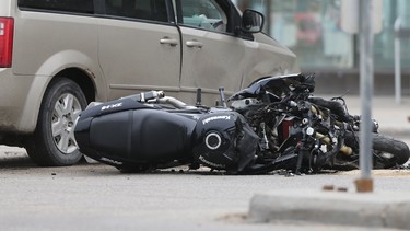 In this file photo, one person was taken to hospital with critical injuries after a motorcycle collided with a van on Portage Avenue in Winnipeg on Saturday, June 2, 2018.