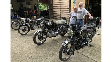 Robert and Kathy Watson with some of their rare Vincent motorcycles.