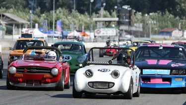 An eclectic mix of vintage race cars led by Karlo Flores in his Bugeye Sprite (#59) during last year's B.C. Historic Motor Race weekend in Mission.