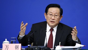 In this file photo, Chinese minister of science and technology Wan Gang speaks during a press conference for the fourth session of the 12th National People's Congress in Beijing on March 10, 2016.