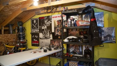 More of a storage space than a place where serious work can take place, the tiny attic at Brendan Stephens’ house.