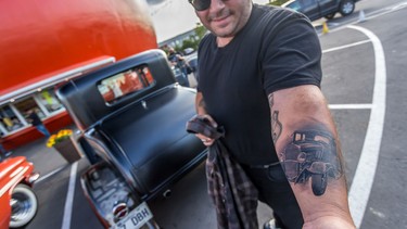 Dedicated hot-rodder Jerry Kazaz sports a tattoo of each of his cars, a 1930 Model A and a 1956 Mercury truck on each of his arms.