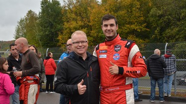 2019 Nissan Micra Cup champion Macro Signoretti, right, with Nissan Canada president Steve Milette following the title-deciding race last Saturday in Quebec.