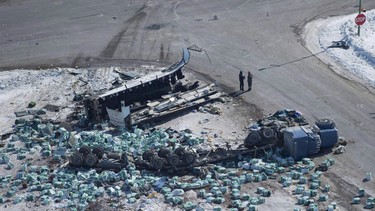 The wreckage of a fatal crash outside of Tisdale, Sask., is seen on Saturday, April, 7, 2018.