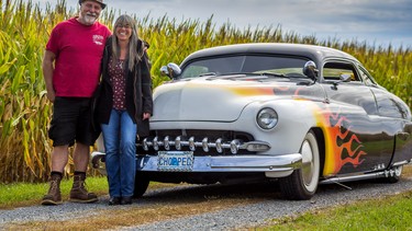 Shawn Driver and Donna Gray with their chopped 1950 Mercury two-door kustom was originally built sometime before the fire at Barris Kustoms in southern California by Sam and George Barris.