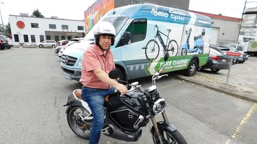 Motorino's Steve Miloshev astride the Super Soco TC, an all-electric motorcycle built by an Australian company and of which Motorino has exclusive rights to in Canada.