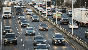 Evening traffic along the Gardiner Expressway in Toronto.