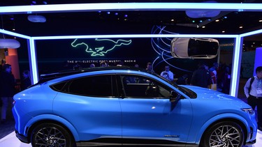 Ford's Mustang Mach E GT, an all-electric model scheduled for delivery at the end of the year, is displayed at the Ford booth during CES 2020 at the Las Vegas Convention Center on January 7, 2020 in Las Vegas, Nevada.