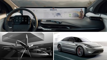 Clockwise from top: The Byton M-Byte's cockpit, Sony's Vision S concept car, and Hyundai and Uber's Air Taxi collaboration.