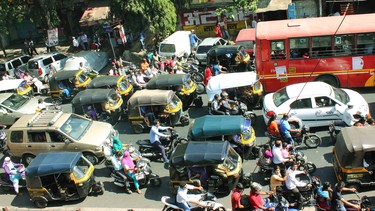 Traffic conditions on a busy road in Pune, India.
