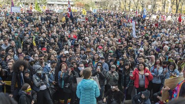 Swedish climate activist Greta Thunberg, in blue jacket,  joined about 4,000  Edmonton youth, climate activists, and community members outside the Alberta Legislature in a climate strike. on October 18, 2019.