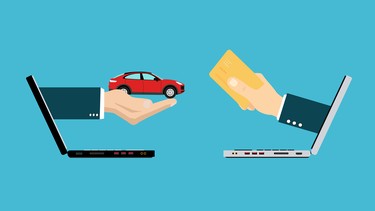 Vector of two hands coming out from laptops exchanging money for a car