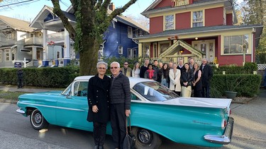 Steve and Irene Kresta and family with the 1959 Chevrolet Biscayne like the one Steve owned when they met at his family’s boarding house 60 years ago.