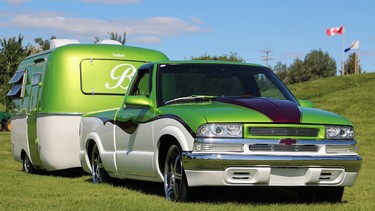 While building a convertible Chevy S10, Dennis Babb bought another truck, this 1994 S10. It had already been customized, but Babb took it even further, shaving all body handles and trim, installing a 1968 Corvette engine and designing his own graphics. The 1970 Boler trailer ‘was a novelty’, he says, and he built it to take to car shows where he could stay out of the heat of the sun.