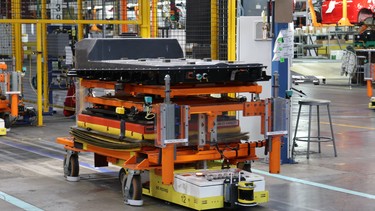 A Bolt battery pack makes its way to the assembly line at GM's Orion plant in Michigan.