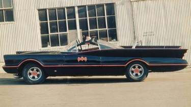 The original 1966 Adam West Batmobile on the set of the "Batman" TV show