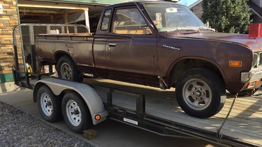 As found, Patrick McCready’s 1976 Datsun King Cab project arrives at his Edmonton garage.