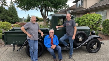 Harry Lubyk and sons Kirk and Ken Lubyk with the restored 1932 Ford Model B pickup that has been in their family 84 years.